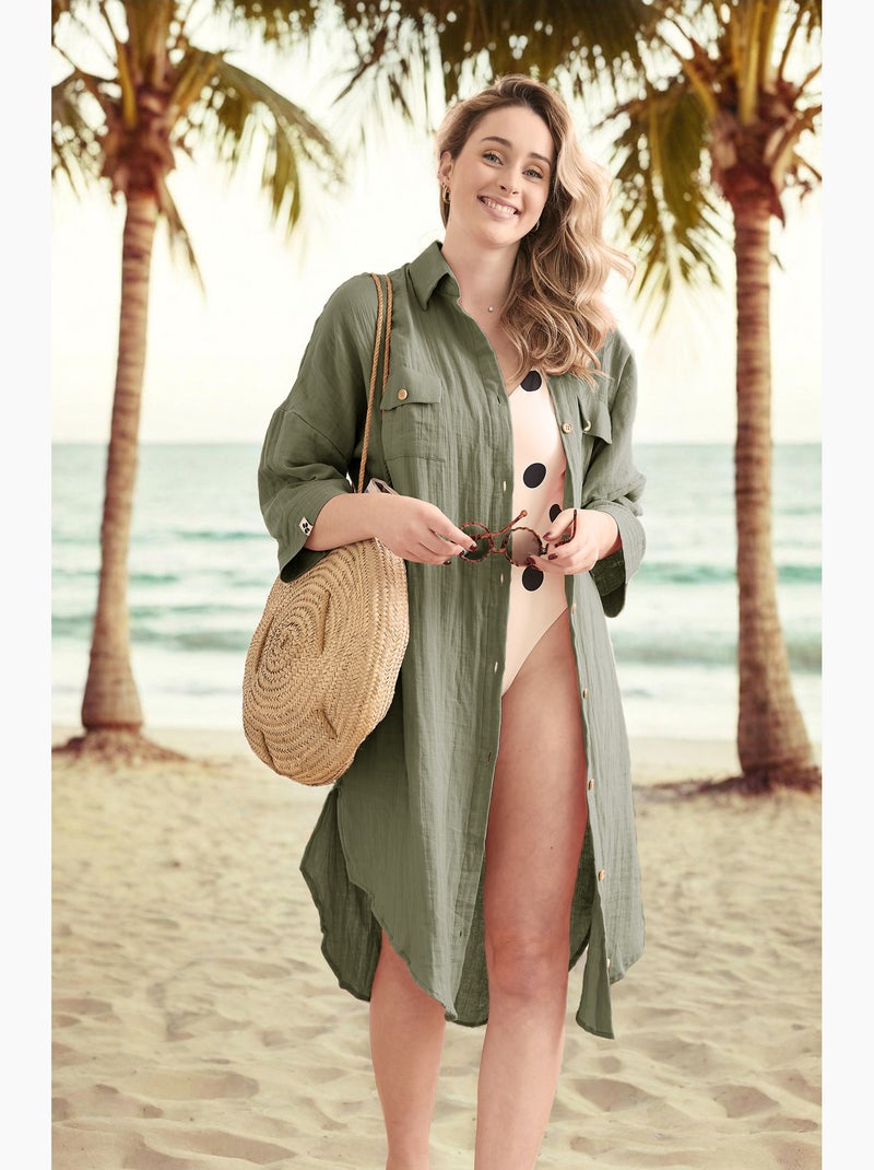 Tunique chemise femme double gaze de coton GAÏA – 100% coton – boutons coco Vert clair - Kiabi