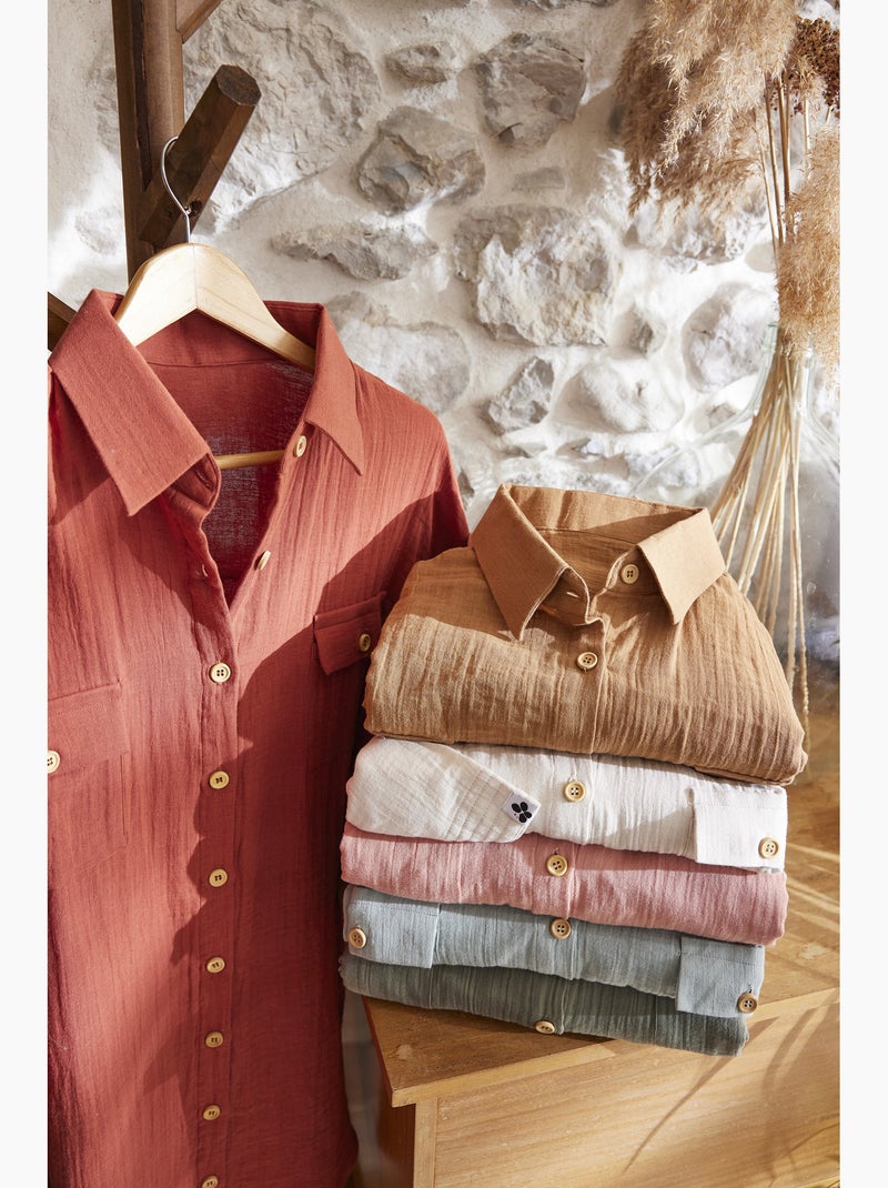 Tunique chemise femme double gaze de coton GAÏA – 100% coton – boutons coco Vert eucalyptus - Kiabi