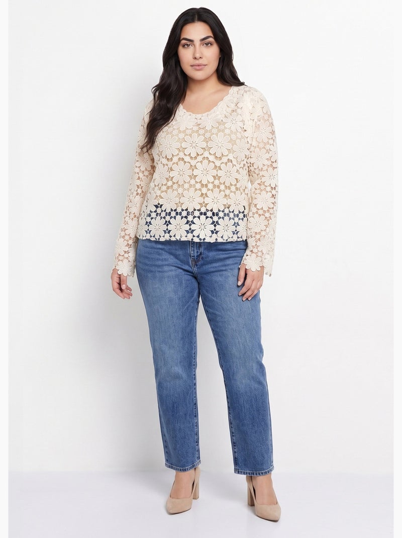 Tunique col rond façon guipure fleurie - afibel Beige - Kiabi