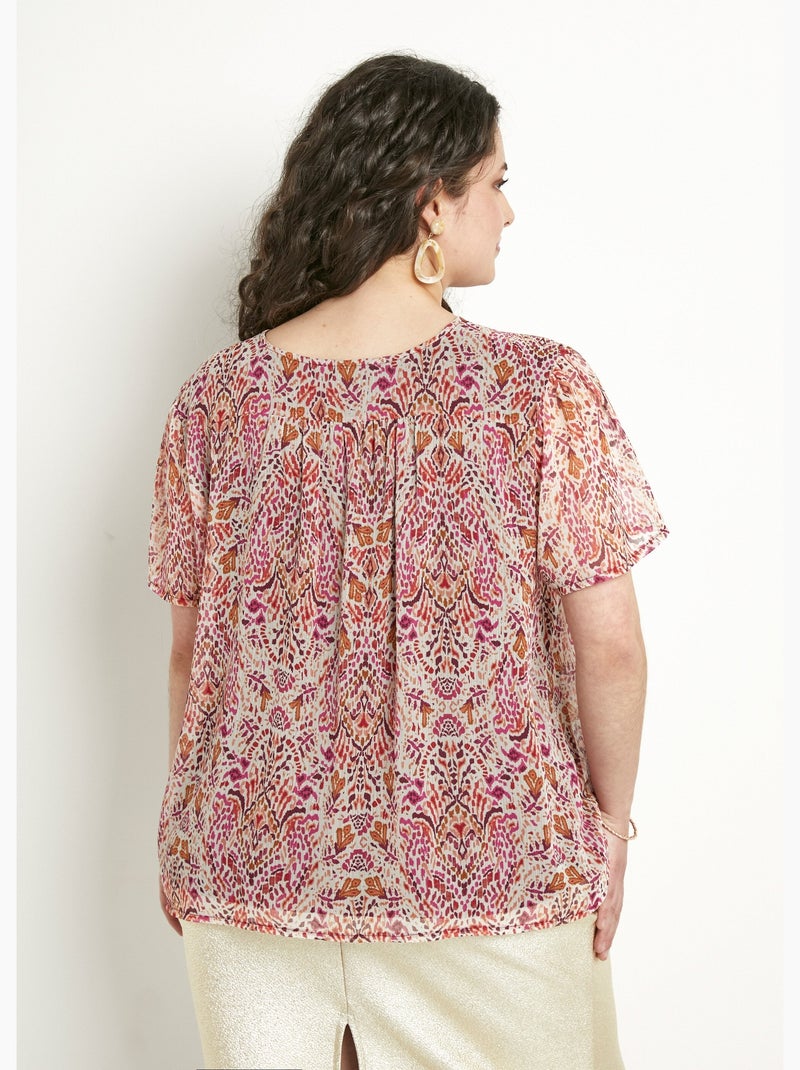 Tunique col V longue voile imprimé ethnique - Afibel Blanc Rose - Kiabi