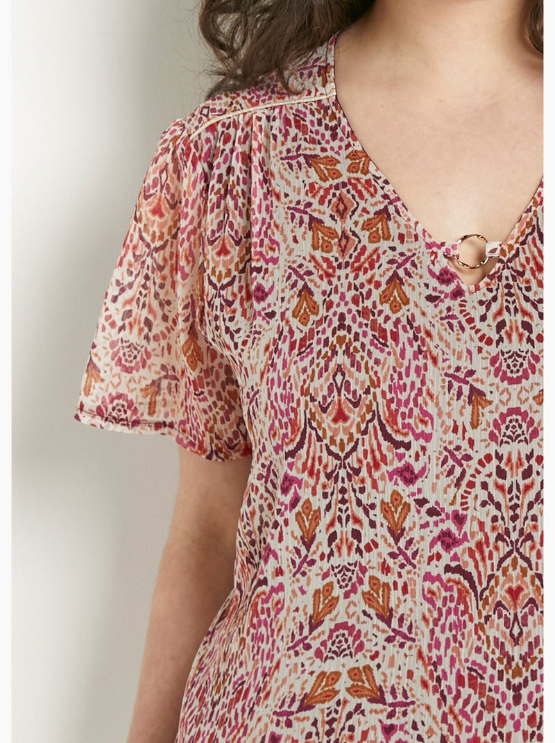 Tunique col V longue voile imprimé ethnique - Afibel Blanc Rose - Kiabi
