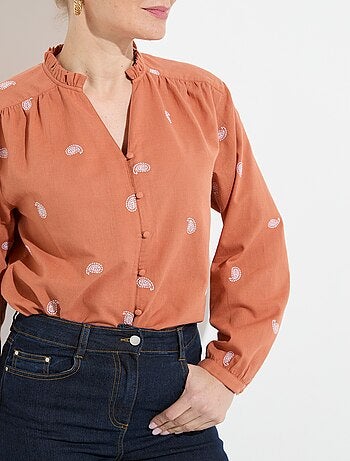 Tunique col volanté gaze de coton brodée