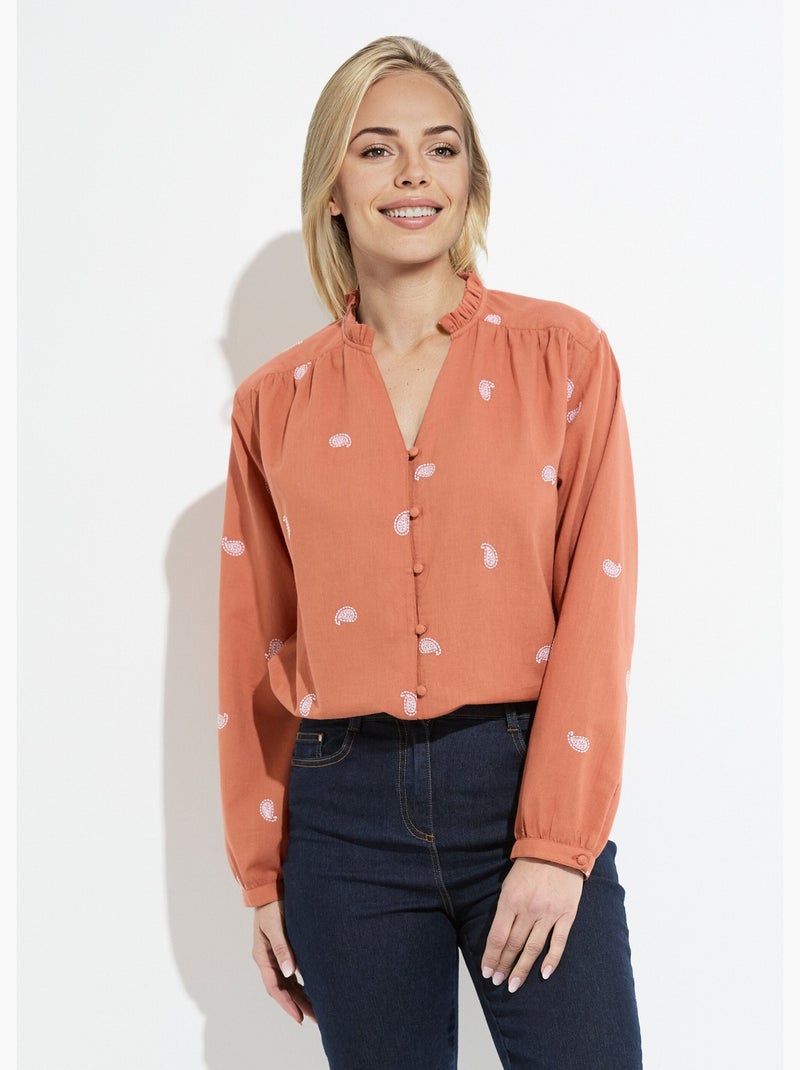 Tunique Haut Promod Marron Brodée De Fleurs - Taille 42 - Neuf