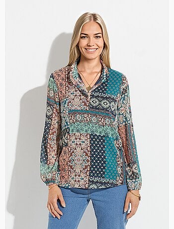 Tunique col volanté voile crépon imprimé patchwork - Afibel