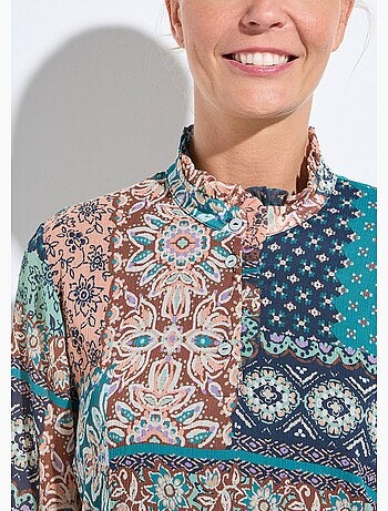 Tunique col volanté voile crépon imprimé patchwork - Afibel