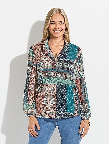 Tunique col volanté voile crépon imprimé patchwork