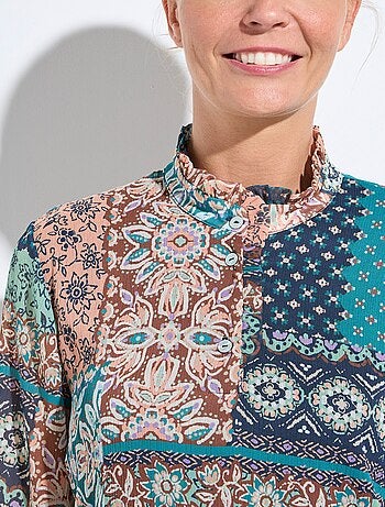 Tunique col volanté voile crépon imprimé patchwork