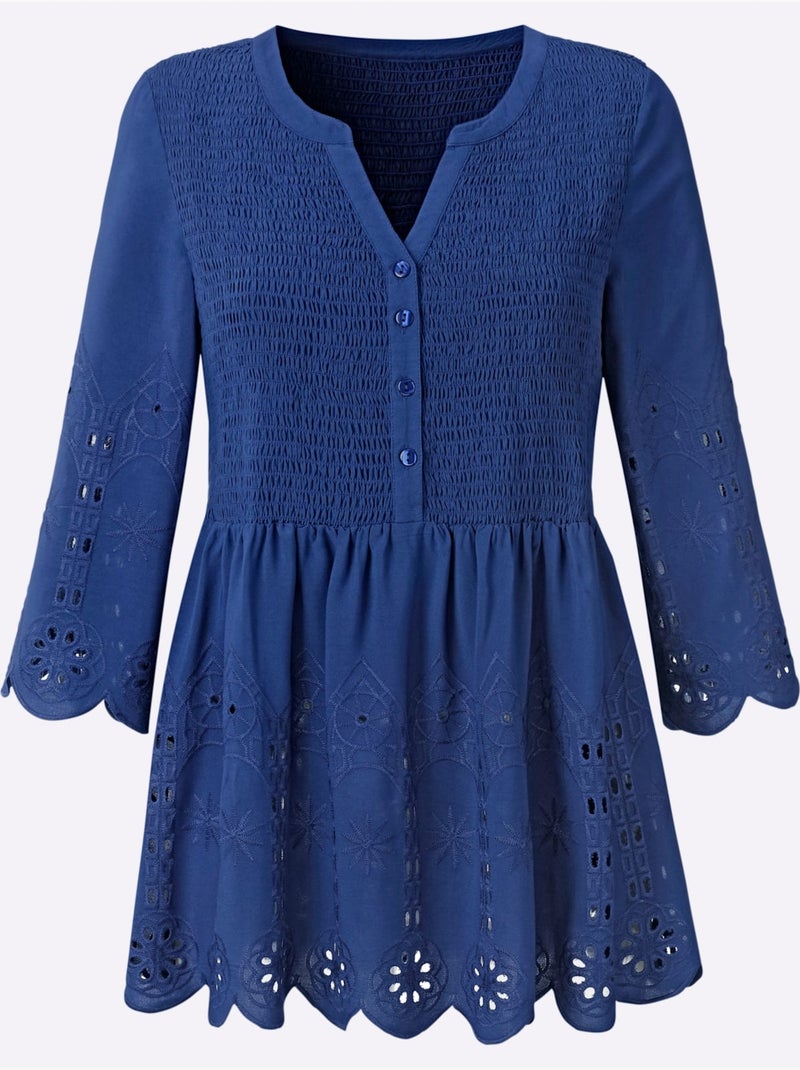 Tunique en dentelle avec col V et manches 3/4 - Taille standard - Witt Bleu roi - Kiabi