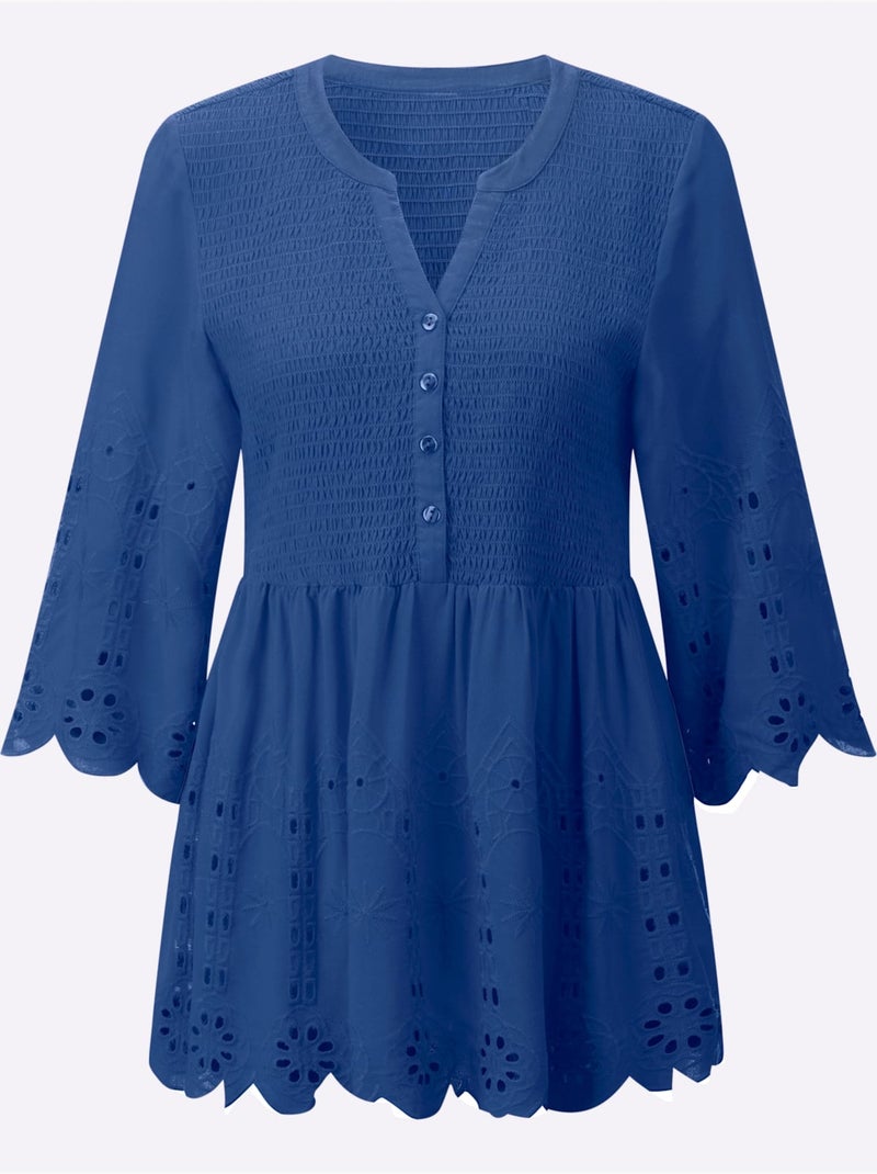 Tunique en dentelle avec col V et manches 3/4 - Taille standard - Witt Bleu roi - Kiabi