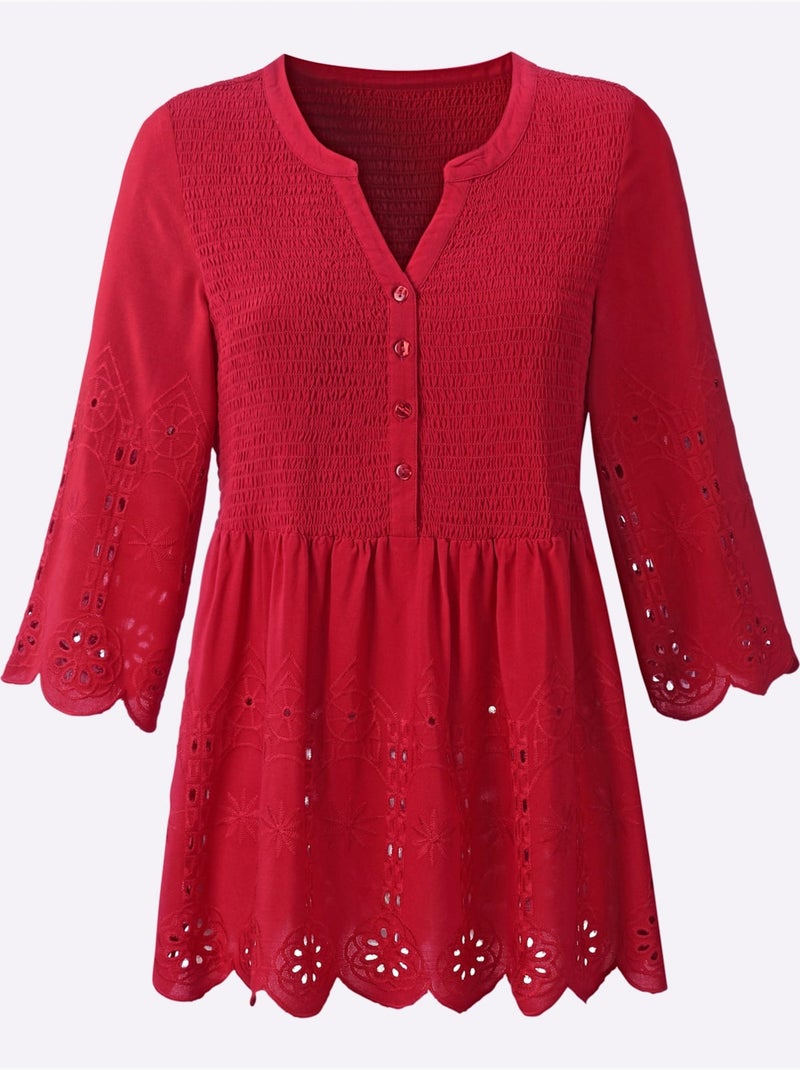 Tunique en dentelle avec col V et manches évasées - Taille standard - Witt Rouge - Kiabi