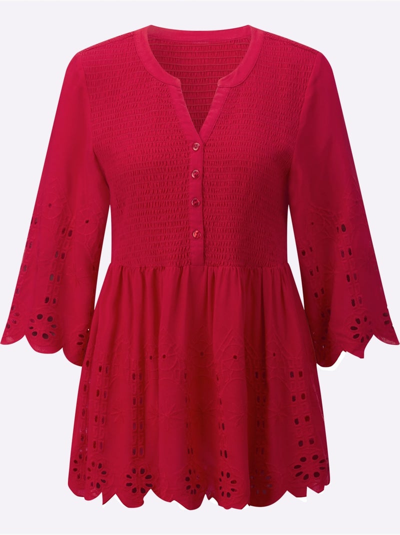 Tunique en dentelle avec col V et manches évasées - Taille standard - Witt Rouge - Kiabi