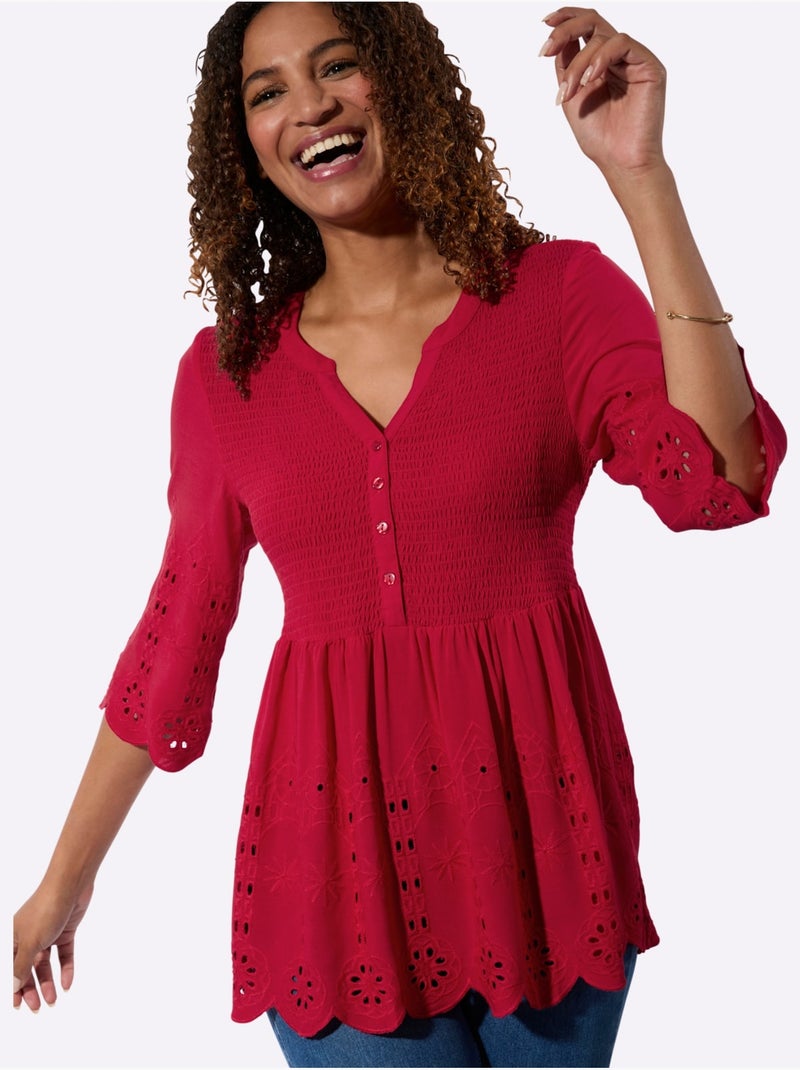 Tunique en dentelle avec col V et manches évasées - Taille standard - Witt Rouge - Kiabi