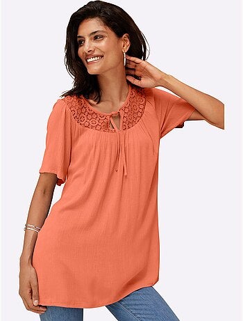 Tunique légère à col rond en dentelle avec fronces et manches raglan - Taille standard - Moda Vilona