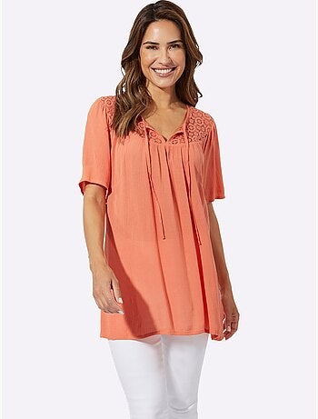 Tunique légère à col rond en dentelle avec fronces et manches raglan - Taille standard - Moda Vilona