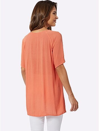 Tunique légère à col rond en dentelle avec fronces et manches raglan - Taille standard - Moda Vilona