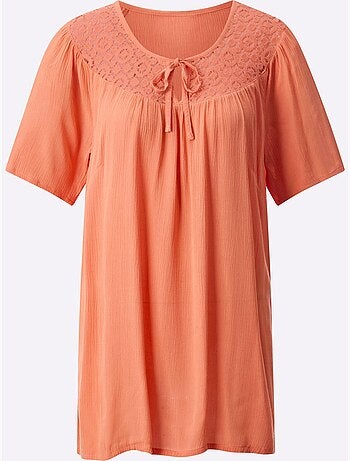Tunique légère à col rond en dentelle avec fronces et manches raglan - Taille standard - Moda Vilona