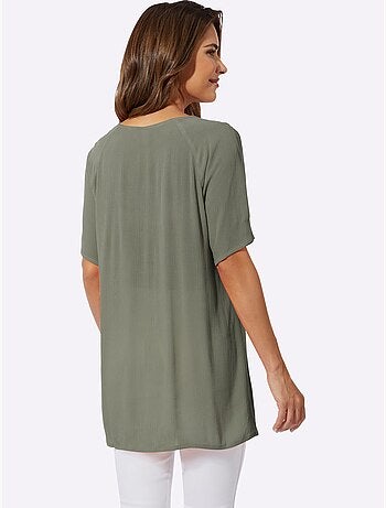 Tunique légère à col rond en dentelle avec fronces et manches raglan - Taille standard - Moda Vilona