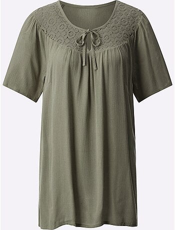 Tunique légère à col rond en dentelle avec fronces et manches raglan - Taille standard - Moda Vilona