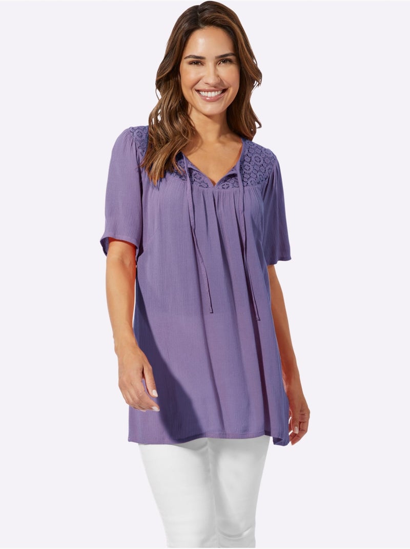 Tunique légère à col rond en dentelle avec fronces et manches raglan - Taille standard - Moda Vilona Lavande - Kiabi