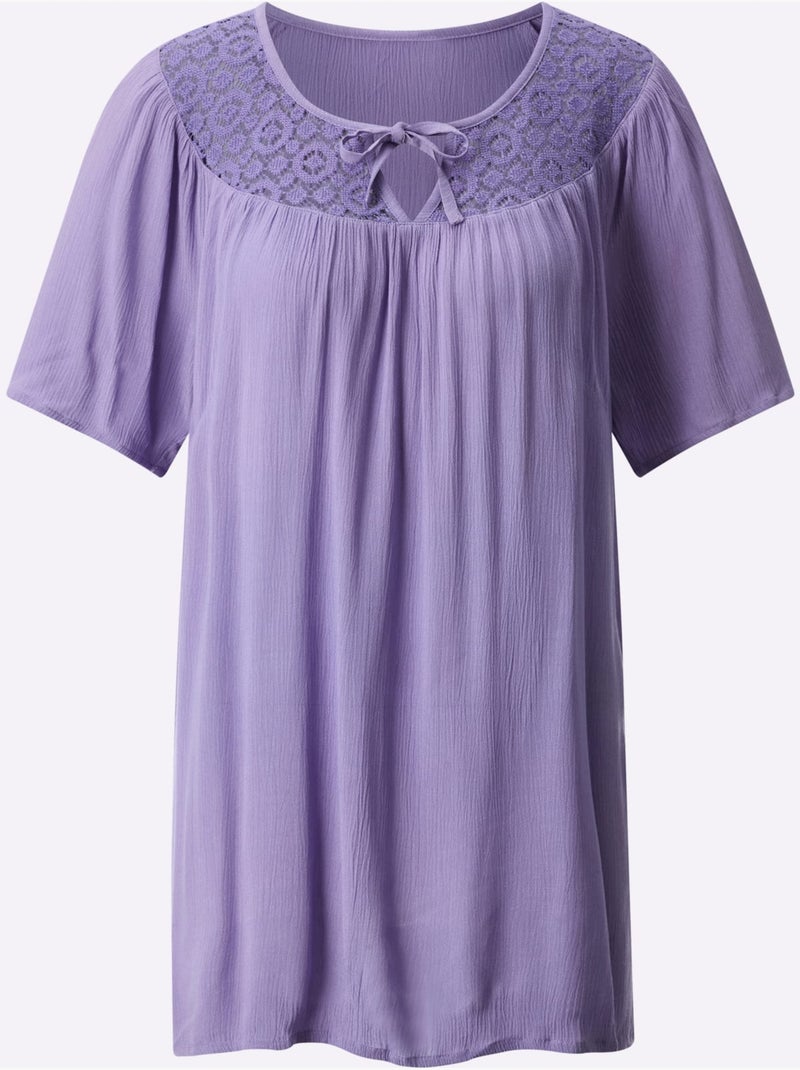 Tunique légère à col rond en dentelle avec fronces et manches raglan - Taille standard - Moda Vilona Lavande - Kiabi