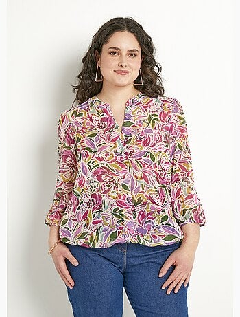 Tunique longue blousante col V voile fleuri brillant - Afibel