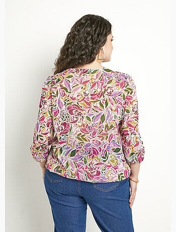 Tunique longue blousante col V voile fleuri brillant - Afibel