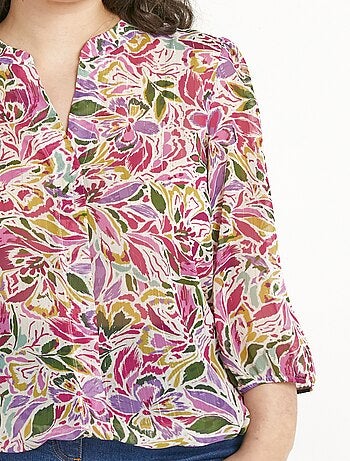 Tunique longue blousante col V voile fleuri brillant - Afibel