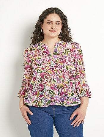 Tunique longue blousante col V voile fleuri brillant