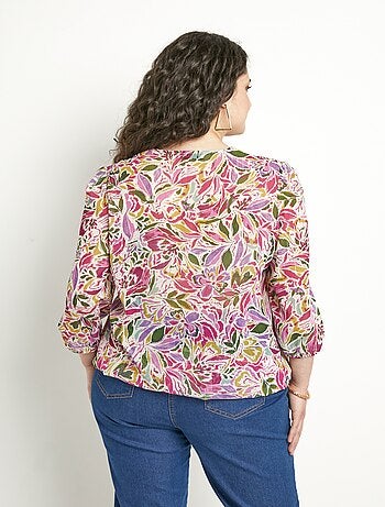 Tunique longue blousante col V voile fleuri brillant