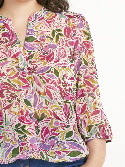 Tunique longue blousante col V voile fleuri brillant - Kiabi