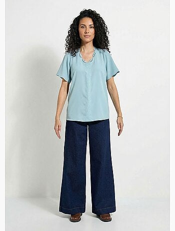 Tunique longue brodée manches courtes unie - Afibel