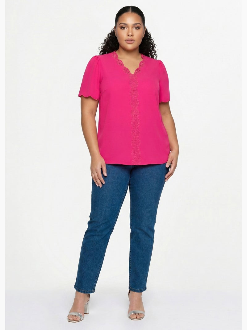 Tunique longue brodée manches courtes unie - Afibel Rose fushia - Kiabi