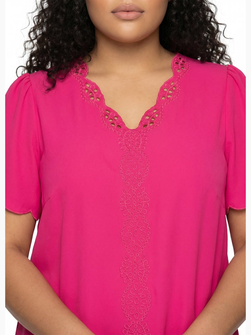 Tunique longue brodée manches courtes unie - Afibel Rose fushia - Kiabi