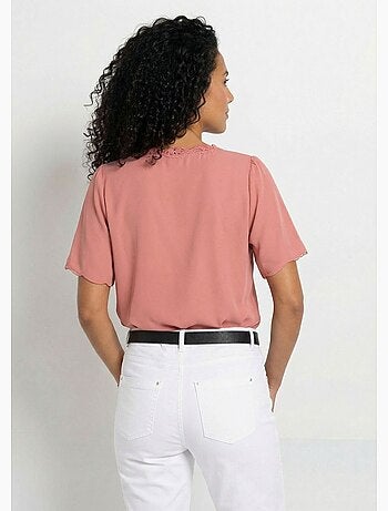 Tunique longue brodée manches courtes unie