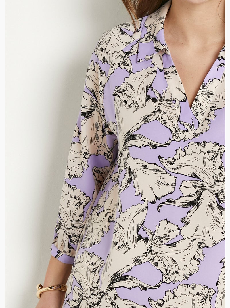 Tunique longue col chemise motif graphique - Afibel Blanc Violet - Kiabi
