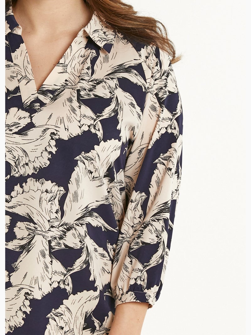 Tunique longue col chemise motif graphique - Afibel Marine/Blanc - Kiabi