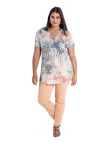 Tunique longue col V motif graphique