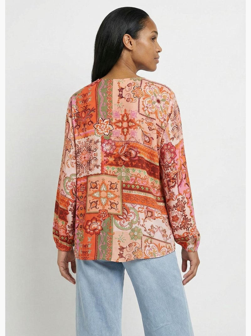 Tunique longue col V voile imprimé patchwork - Afibel Orange - Kiabi