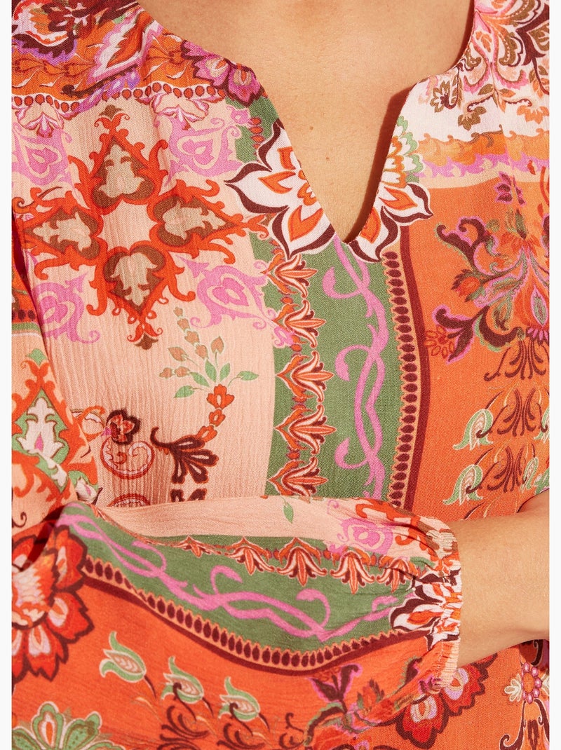 Tunique longue col V voile imprimé patchwork - Afibel Orange - Kiabi