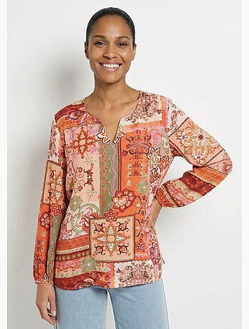 Tunique longue col V voile imprimé patchwork