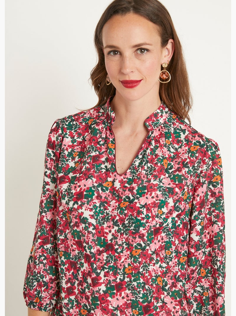 Tunique longue droite fleurie col V - Afibel Rose/Vert - Kiabi