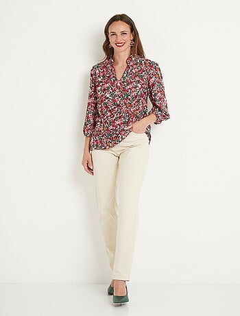 Tunique longue droite fleurie col V
