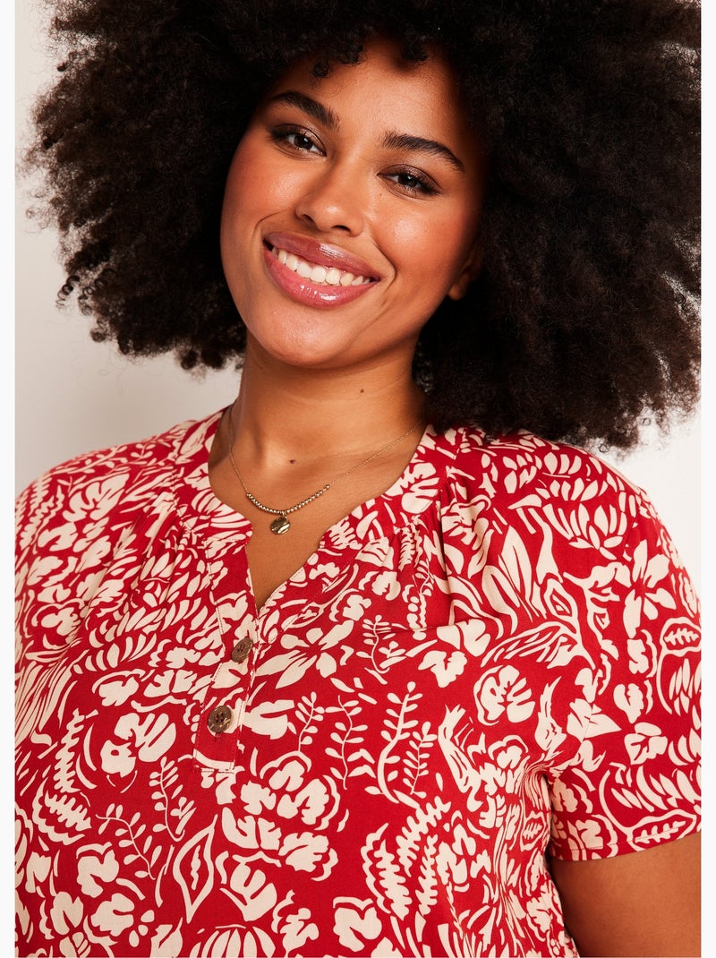 Tunique longue évasée fleurie ou unie Rouge - Kiabi