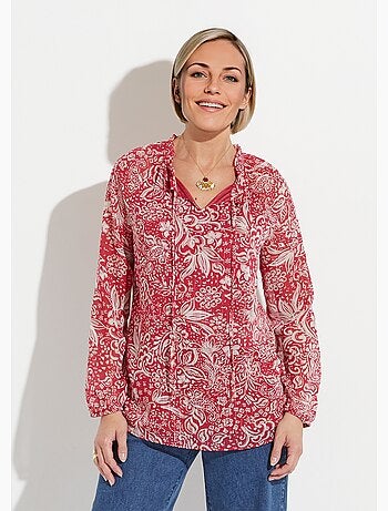 Tunique longue voile fleuri brillant col volanté - Afibel