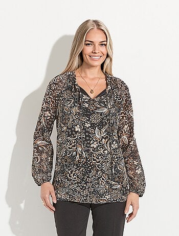 Tunique longue voile fleuri brillant col volanté - Afibel