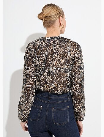 Tunique longue voile fleuri brillant col volanté - Afibel