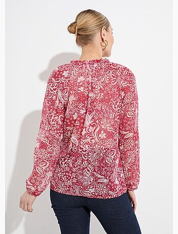 Tunique longue voile fleuri brillant col volanté