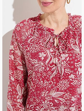 Tunique longue voile fleuri brillant col volanté