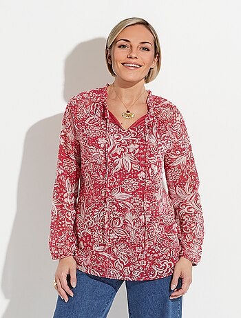 Tunique longue voile fleuri brillant col volanté