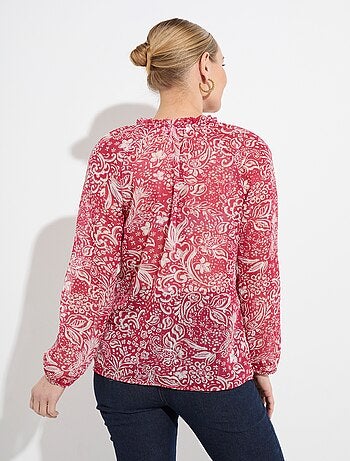 Tunique longue voile fleuri brillant col volanté